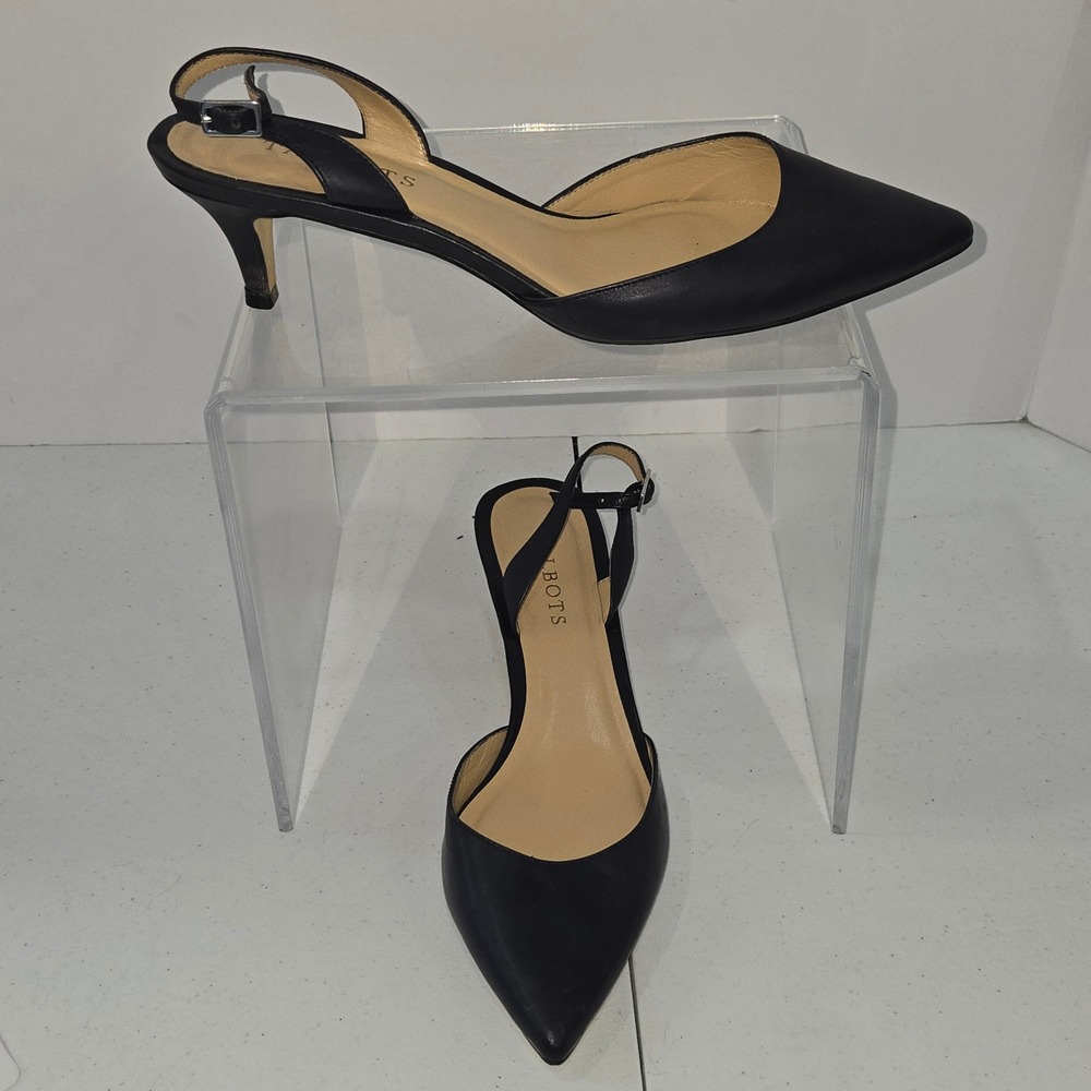 Talbots Womens Black Leather Pointed Toe Slingback Kitten Heels Size 8M AC998